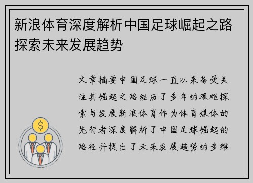 新浪体育深度解析中国足球崛起之路探索未来发展趋势