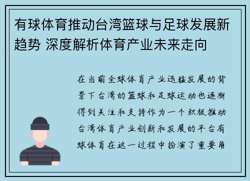 有球体育推动台湾篮球与足球发展新趋势 深度解析体育产业未来走向